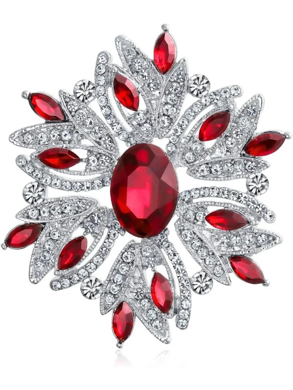 Vintage Style Large Statement Brooch Pin with Simulated Gemstone & Crystal